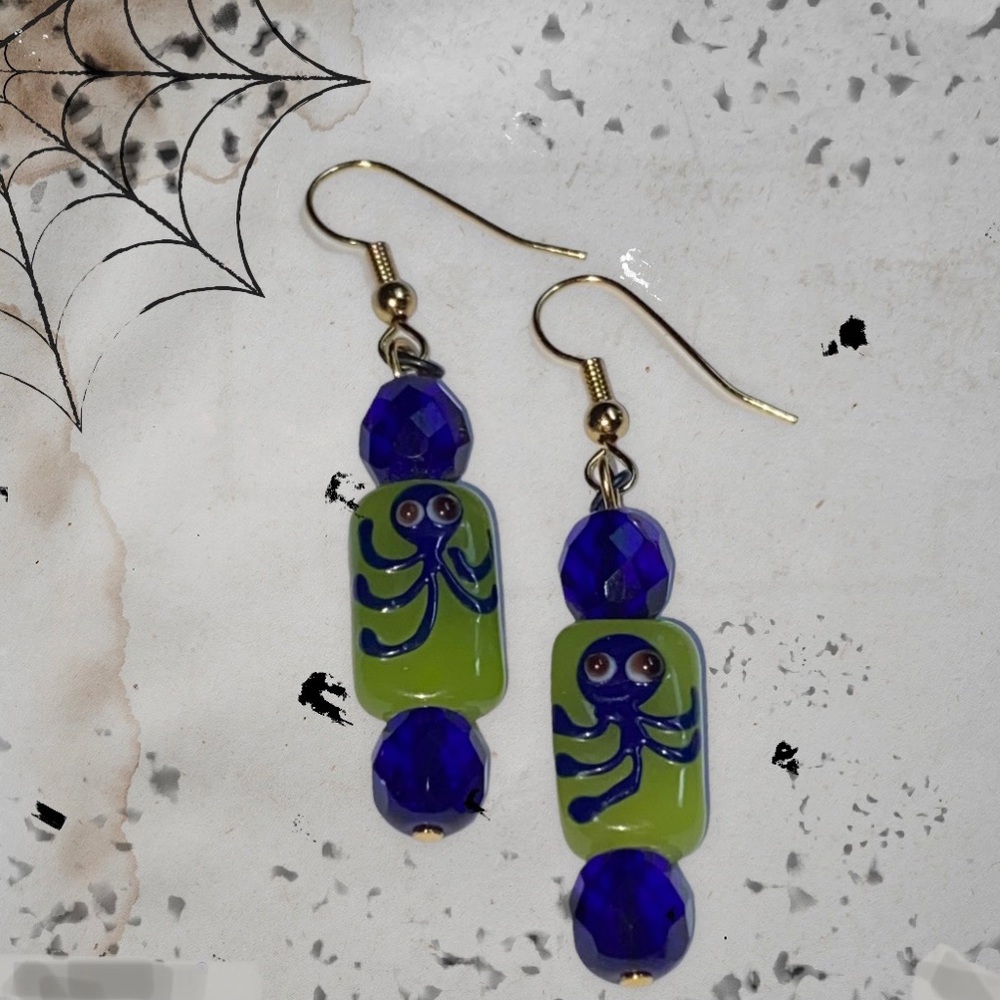 Octopus Spider Earrings Green Blue Halloween - Picture 2 of 7
